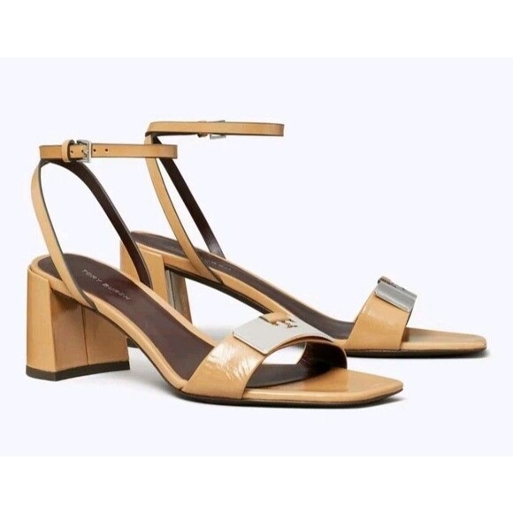 NIB Tory Burch 55mm Gigi Sandals Heels Women's Shoes US 8 Patent Leather Beige